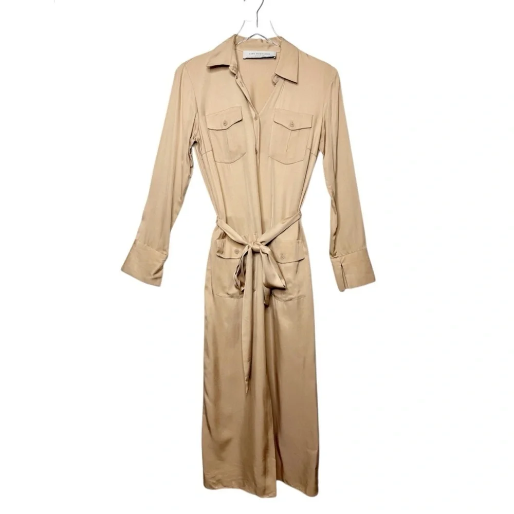 Zara Studio Safari Shirt Dress Tan Midi Belted Utility Quiet Luxury Sz XS